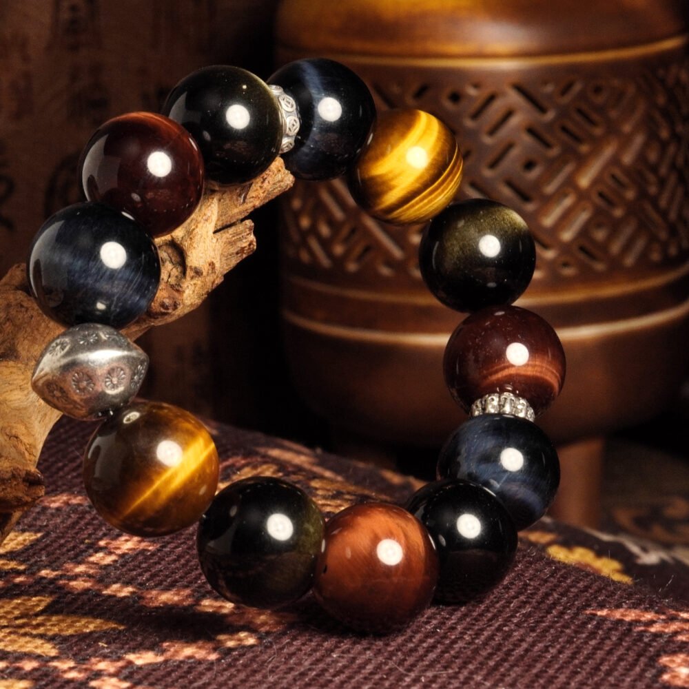 High Quality Golden, Blue & Red Tiger Eye with Golden Obsidian Bracelet (16mm) – For Energy, Focus & Spiritual Balance