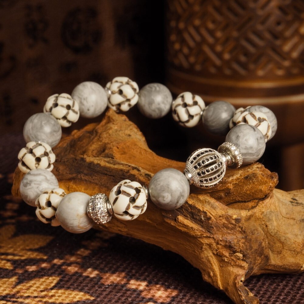 Hand-Carved Ox Bone Bracelet – Snowflake Obsidian for Protection & Emotional Balance