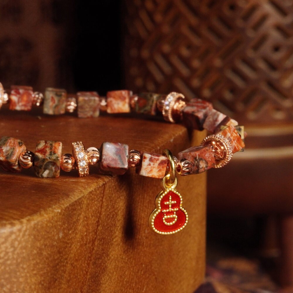 Groxiara Red Leopard Skin Jasper, Hematite & Quartz Cube Bracelet – For Strength & Courage