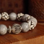 Hand-Carved Ox Bone Bracelet – Snowflake Obsidian for Protection & Emotional Balance