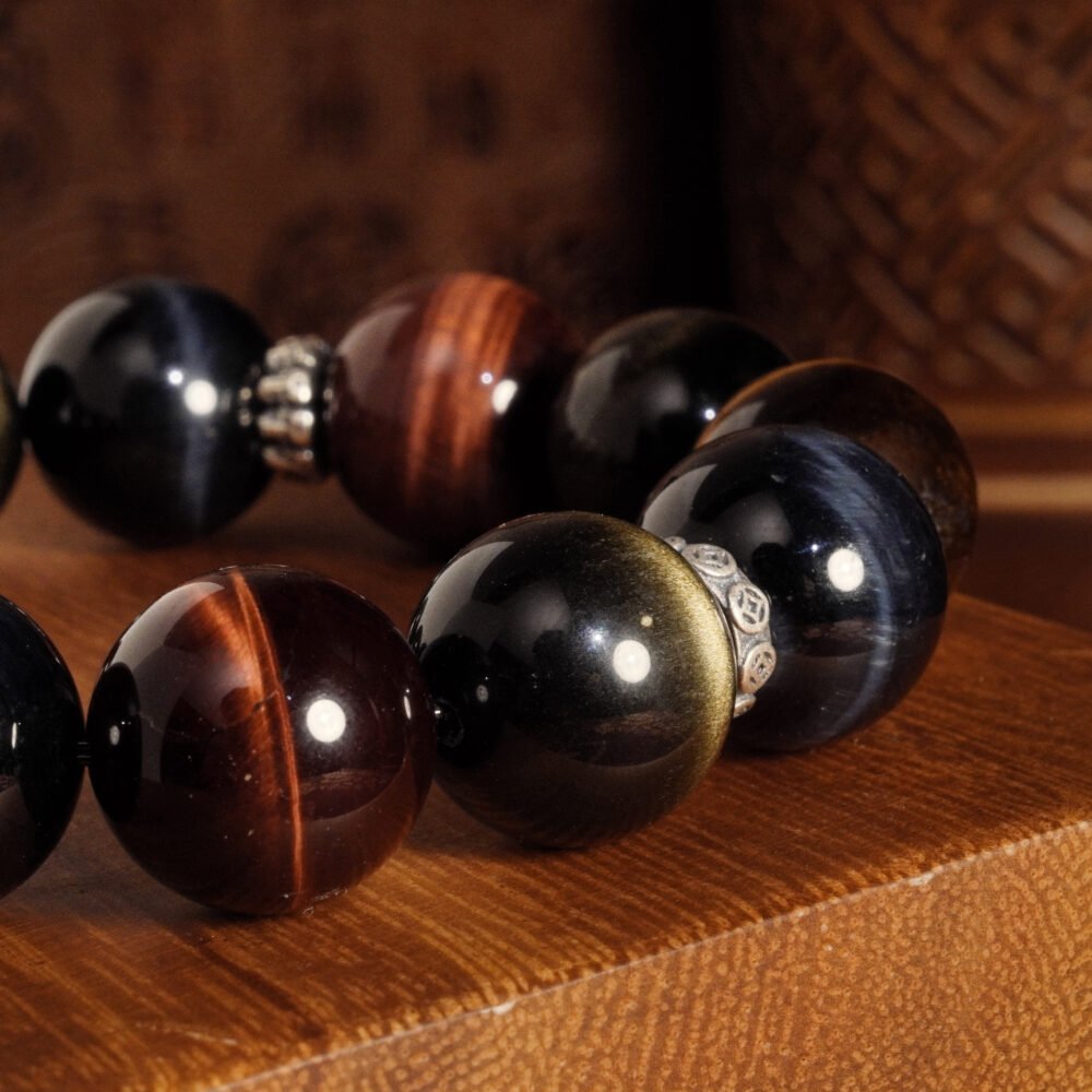 High Quality Golden, Blue & Red Tiger Eye with Golden Obsidian Bracelet (16mm) – For Energy, Focus & Spiritual Balance