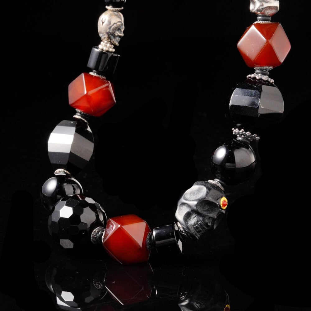 Groxiara Shmashana Guardian Necklace – Black Agate & Tibetan Agate Beads with Sterling Silver Accents