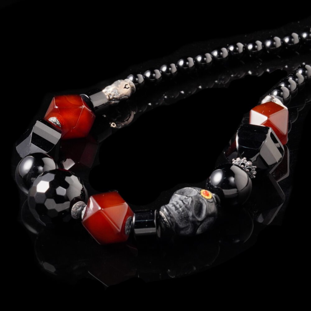 Groxiara Shmashana Guardian Necklace – Black Agate & Tibetan Agate Beads with Sterling Silver Accents