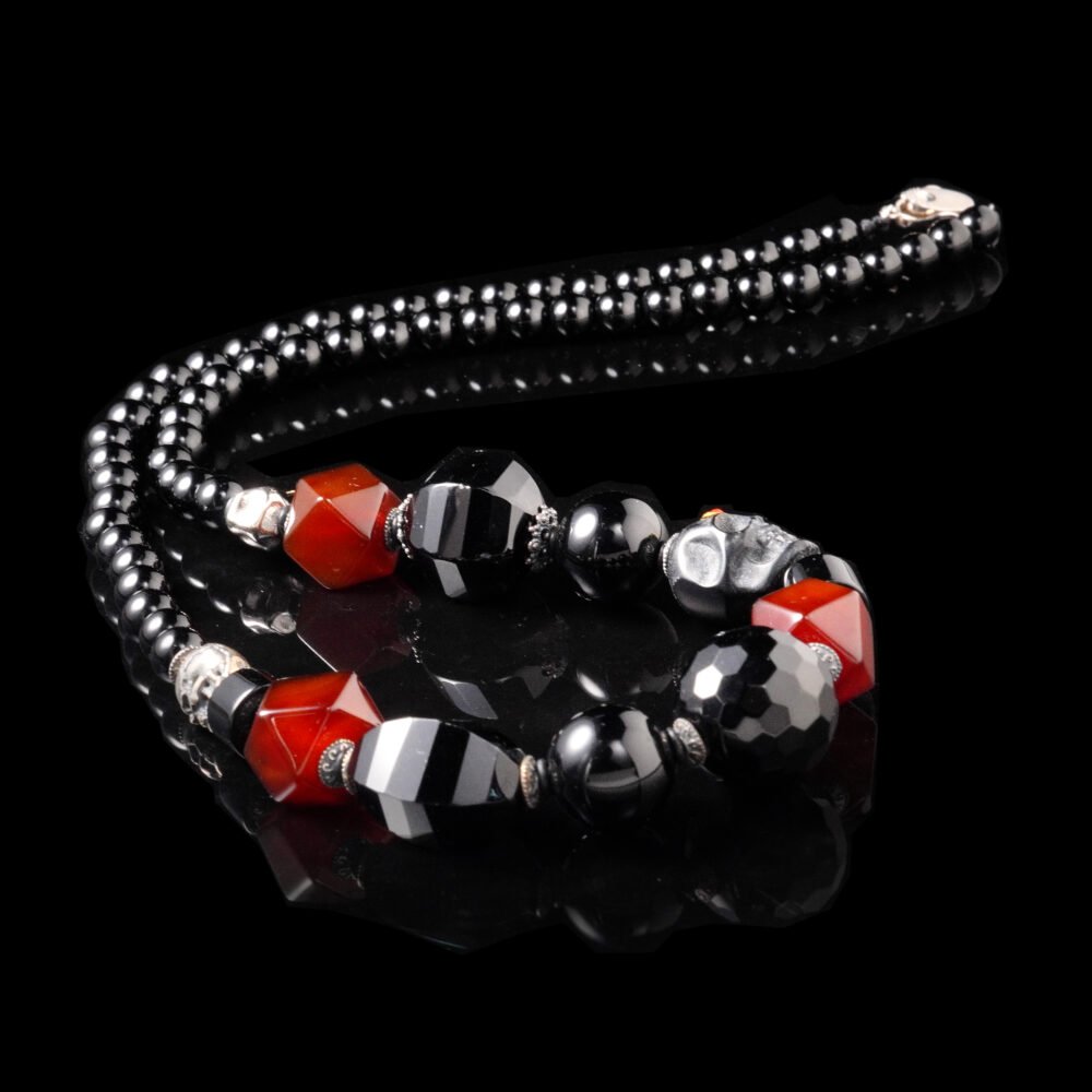 Groxiara Shmashana Guardian Necklace – Black Agate & Tibetan Agate Beads with Sterling Silver Accents