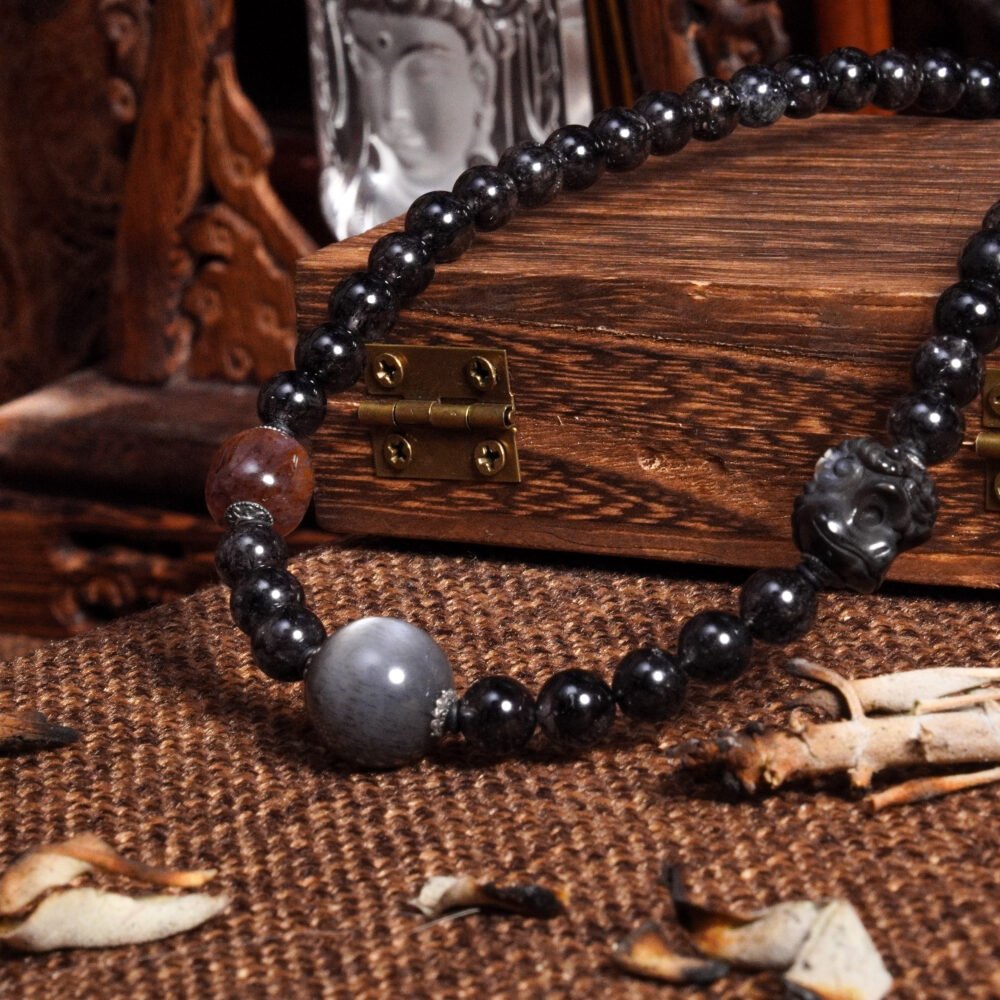 Groxiara Shadow Core Titanium Quartz Necklace – Black Gold Skeletal, Black Rutilated & Purple Aura Crystals for Power & Awakening