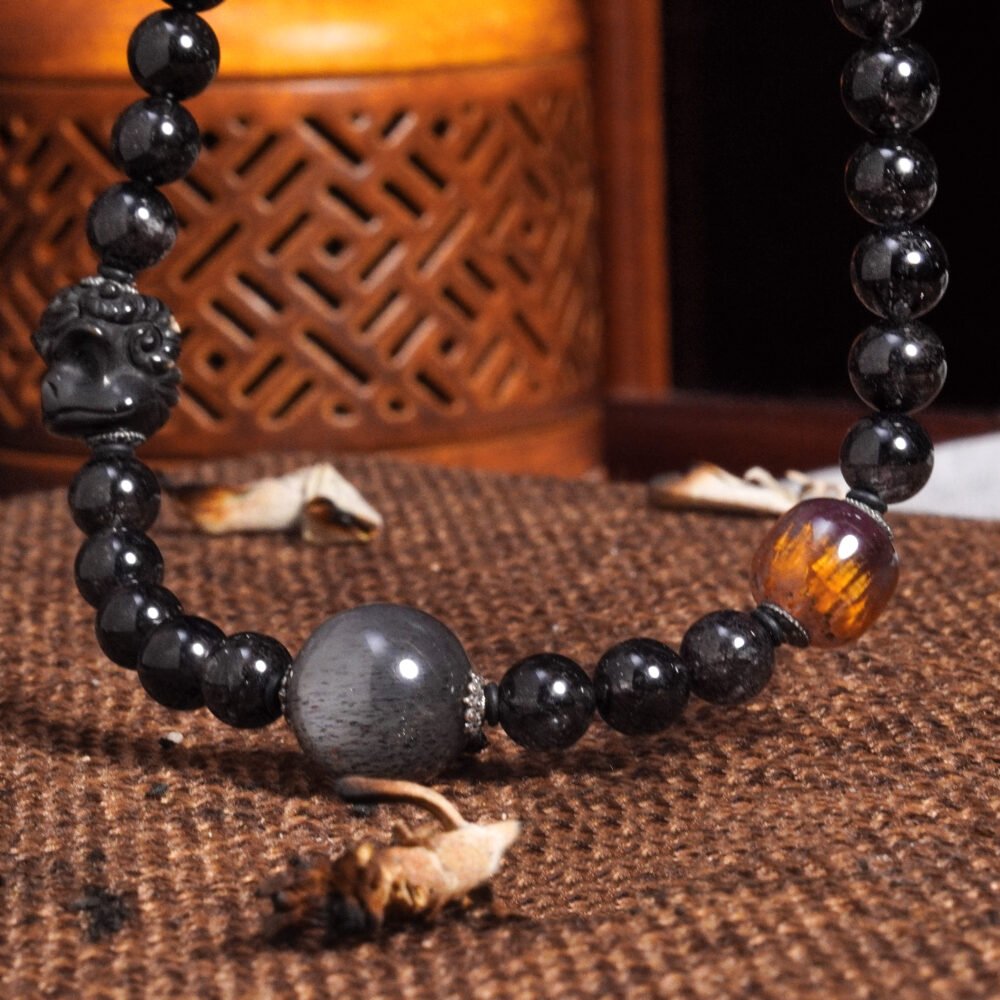 Groxiara Shadow Core Titanium Quartz Necklace – Black Gold Skeletal, Black Rutilated & Purple Aura Crystals for Power & Awakening