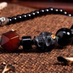 Groxiara Shmashana Guardian Necklace – Black Agate & Tibetan Agate Beads with Sterling Silver Accents