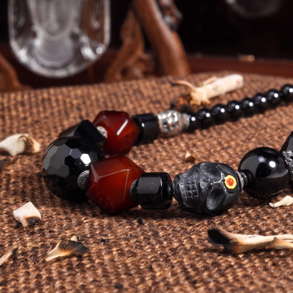 Groxiara Shmashana Guardian Necklace – Black Agate & Tibetan Agate Beads with Sterling Silver Accents