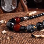 Groxiara Shmashana Guardian Necklace – Black Agate & Tibetan Agate Beads with Sterling Silver Accents