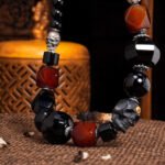 Groxiara Shmashana Guardian Necklace – Black Agate & Tibetan Agate Beads with Sterling Silver Accents