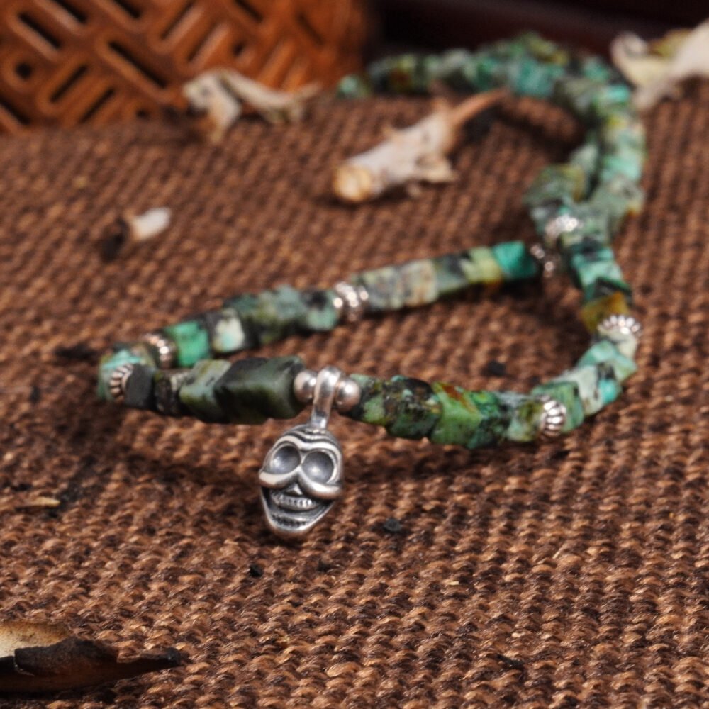 Groxiara Shmashana Awakening Necklace – African Turquoise Quartz & Sterling Silver Chitipati Totem for Transformation & Protection