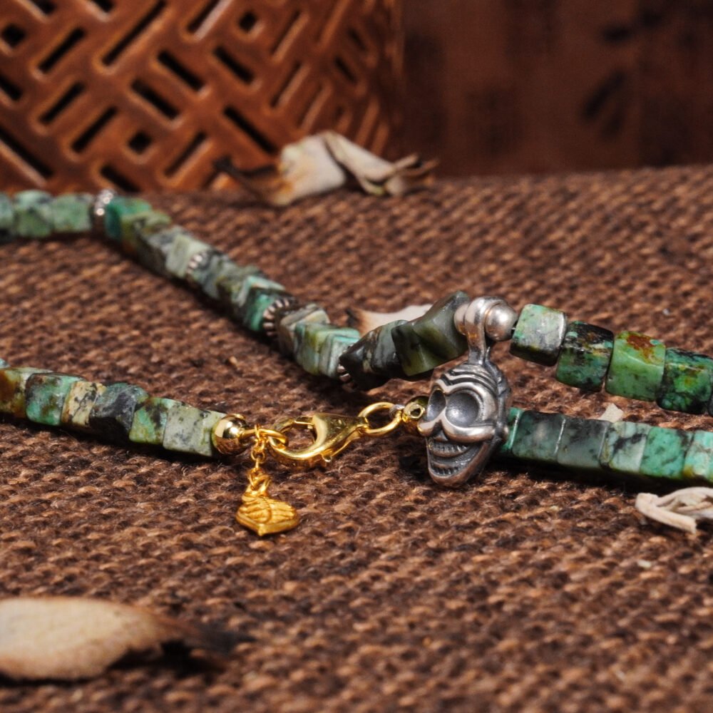 Groxiara Shmashana Awakening Necklace – African Turquoise Quartz & Sterling Silver Chitipati Totem for Transformation & Protection