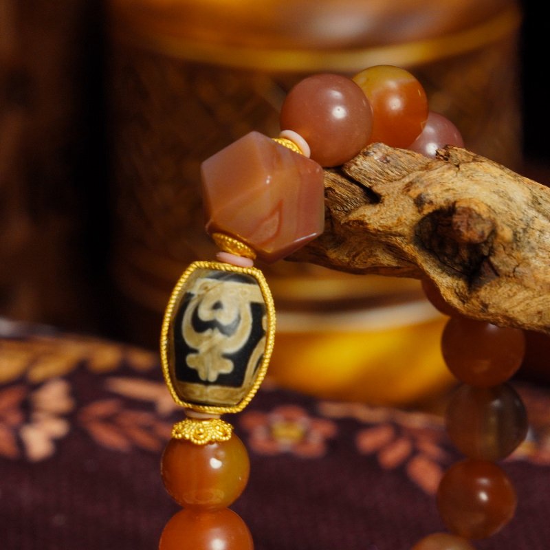 Buddha Stones Tibetan Dzi Agate & Tourmaline Quartz Barrel Bead Bracelet (9–11mm) – For Protection & Energy Alignment