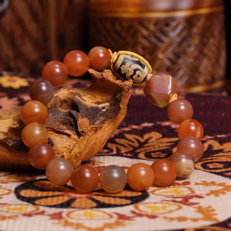 Buddha Stones Tibetan Dzi Agate & Tourmaline Quartz Barrel Bead Bracelet (9–11mm) – For Protection & Energy Alignment