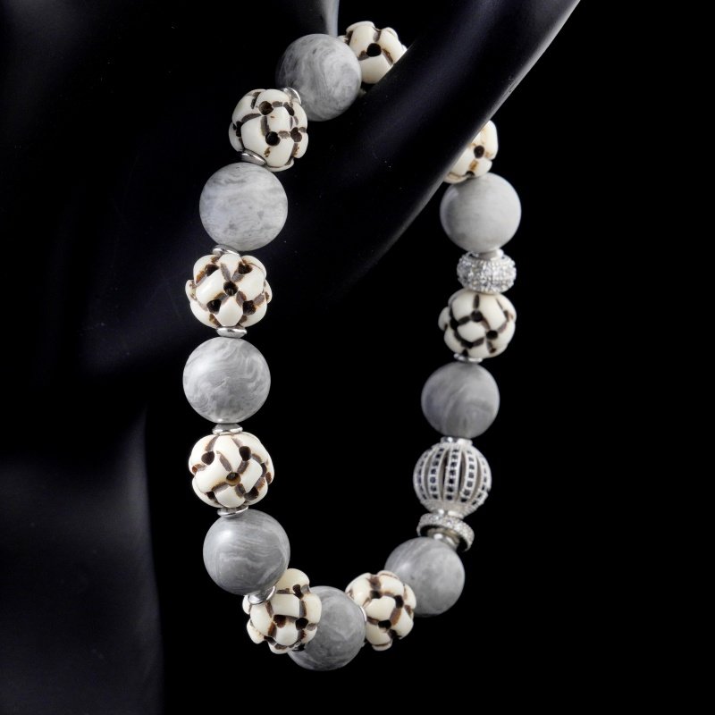 Hand-Carved Ox Bone Bracelet – Snowflake Obsidian for Protection & Emotional Balance