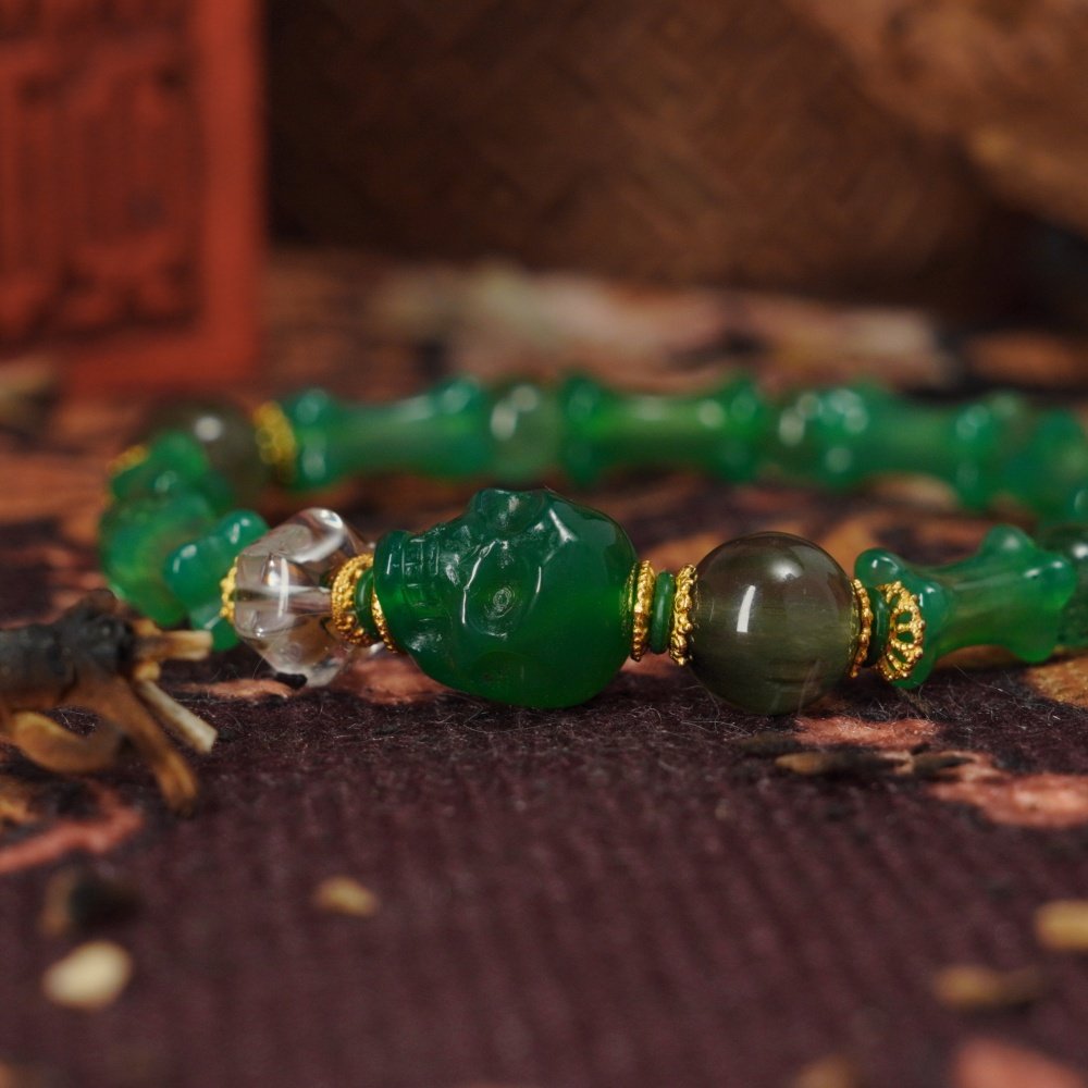 Green Agate Totem Bracelet with Skull & Bone Beads – Strength & Spiritual Shield