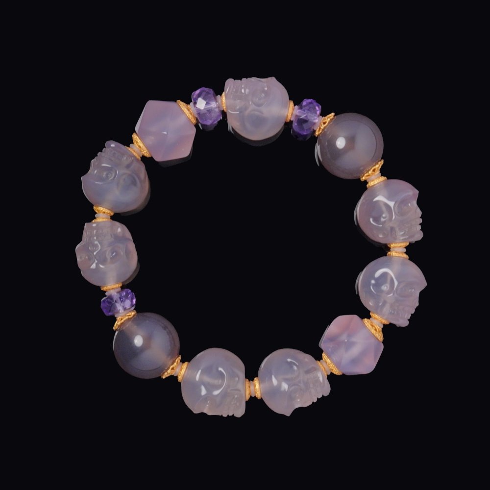 Grey Agate & Amethyst Skull Bracelet