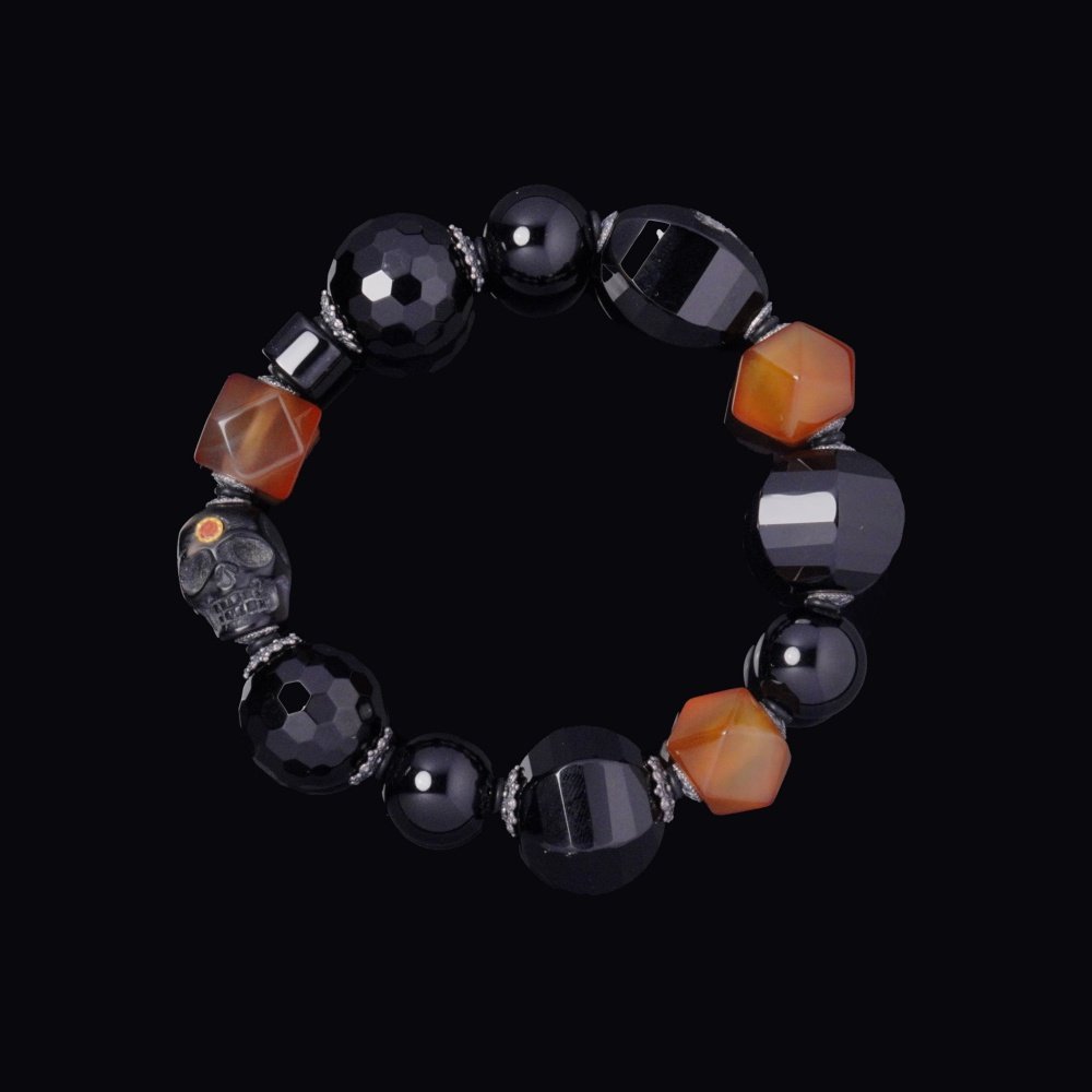 Black & Orange Agate Skull Bracelet – Power, Courage & Transformation
