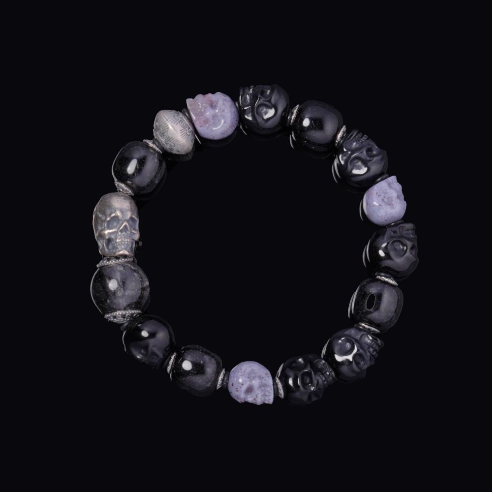 Shadow Skull & Rutilated Quartz Bracelet – Protection, Balance & Inner Strength