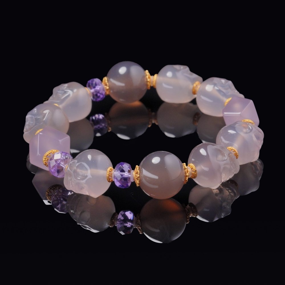 Grey Agate & Amethyst Skull Bracelet