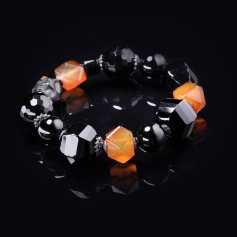 Black & Orange Agate Skull Bracelet – Power, Courage & Transformation