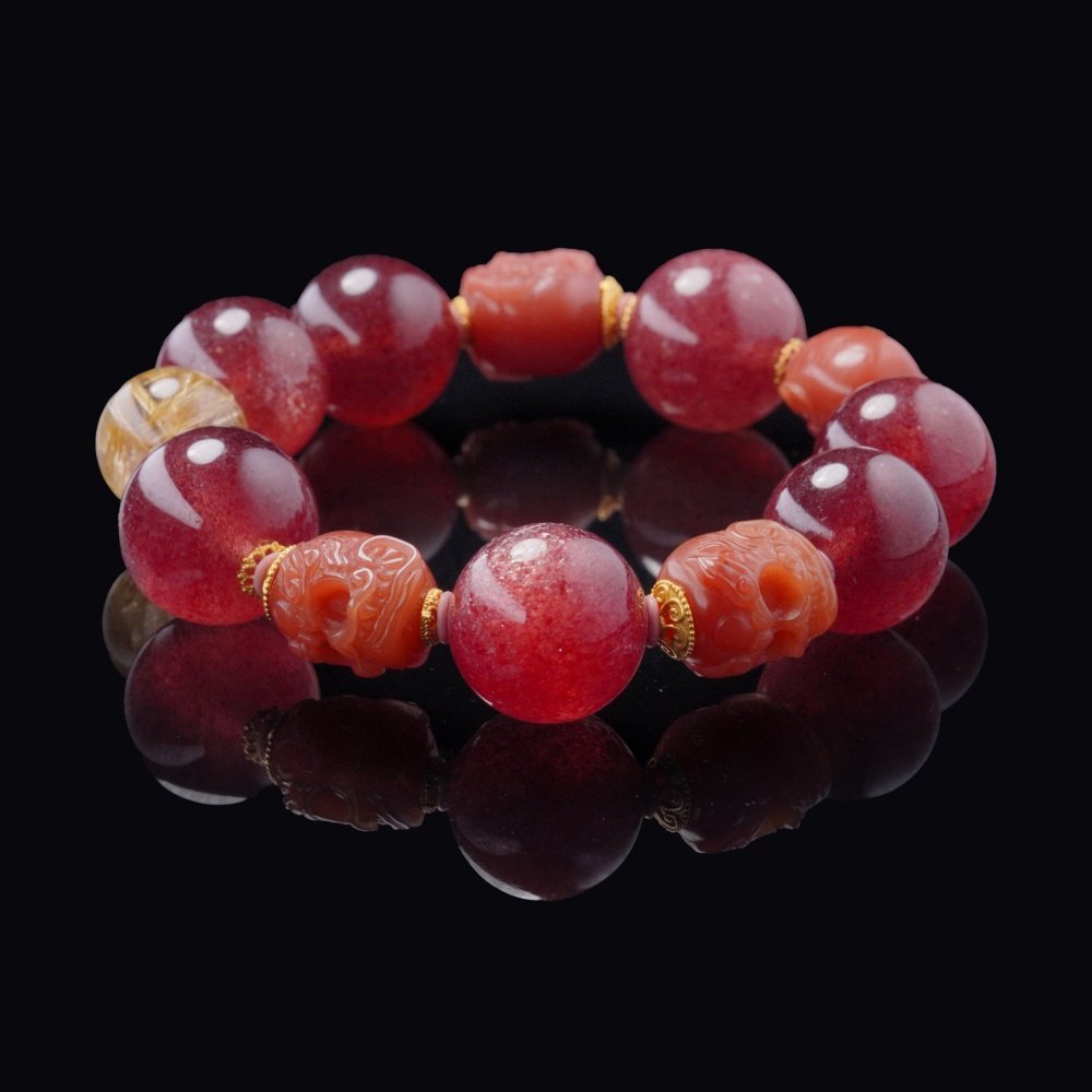 Strawberry Quartz & Golden Rutilated Skull Bracelet – Love, Wealth & Protection