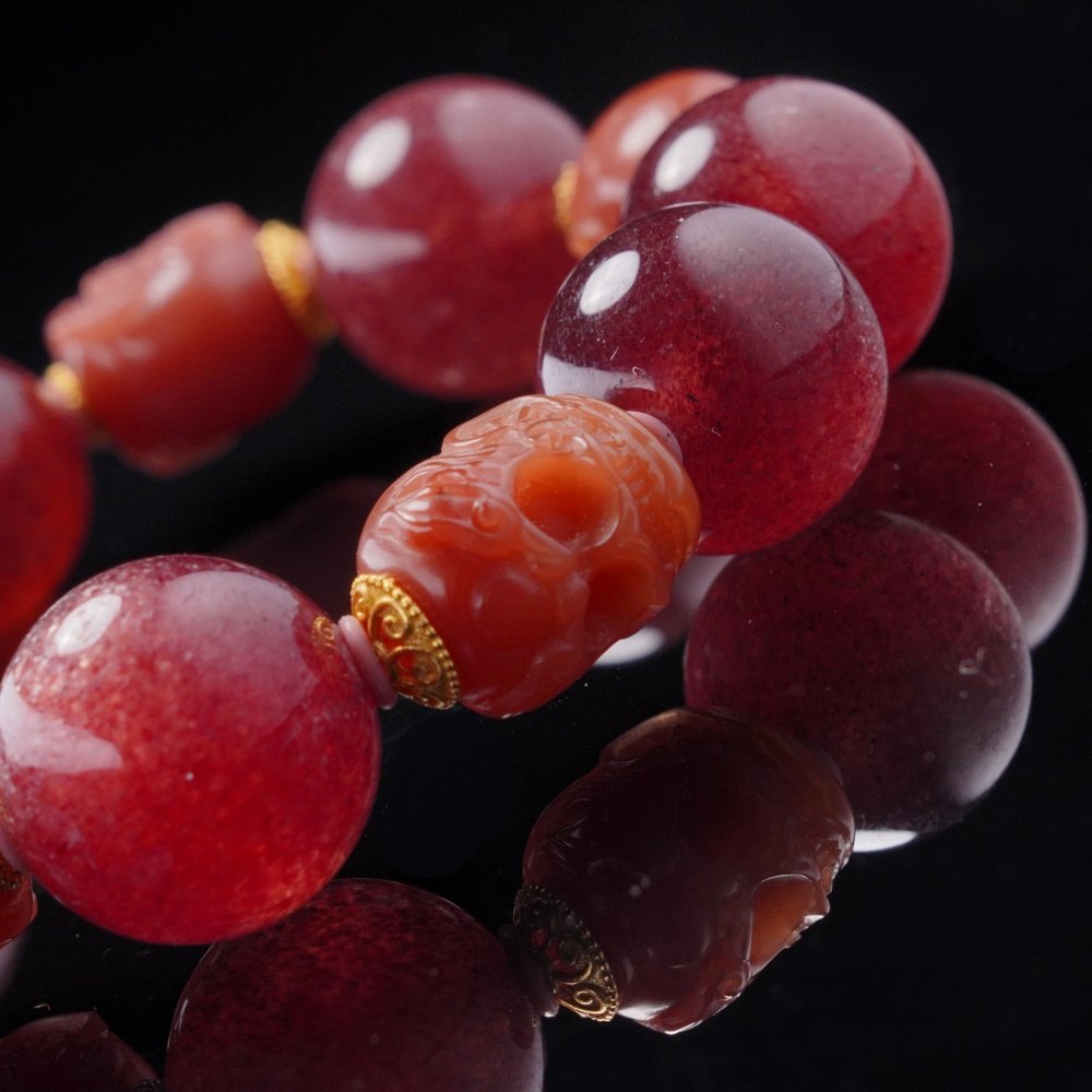 Strawberry Quartz & Golden Rutilated Skull Bracelet – Love, Wealth & Protection