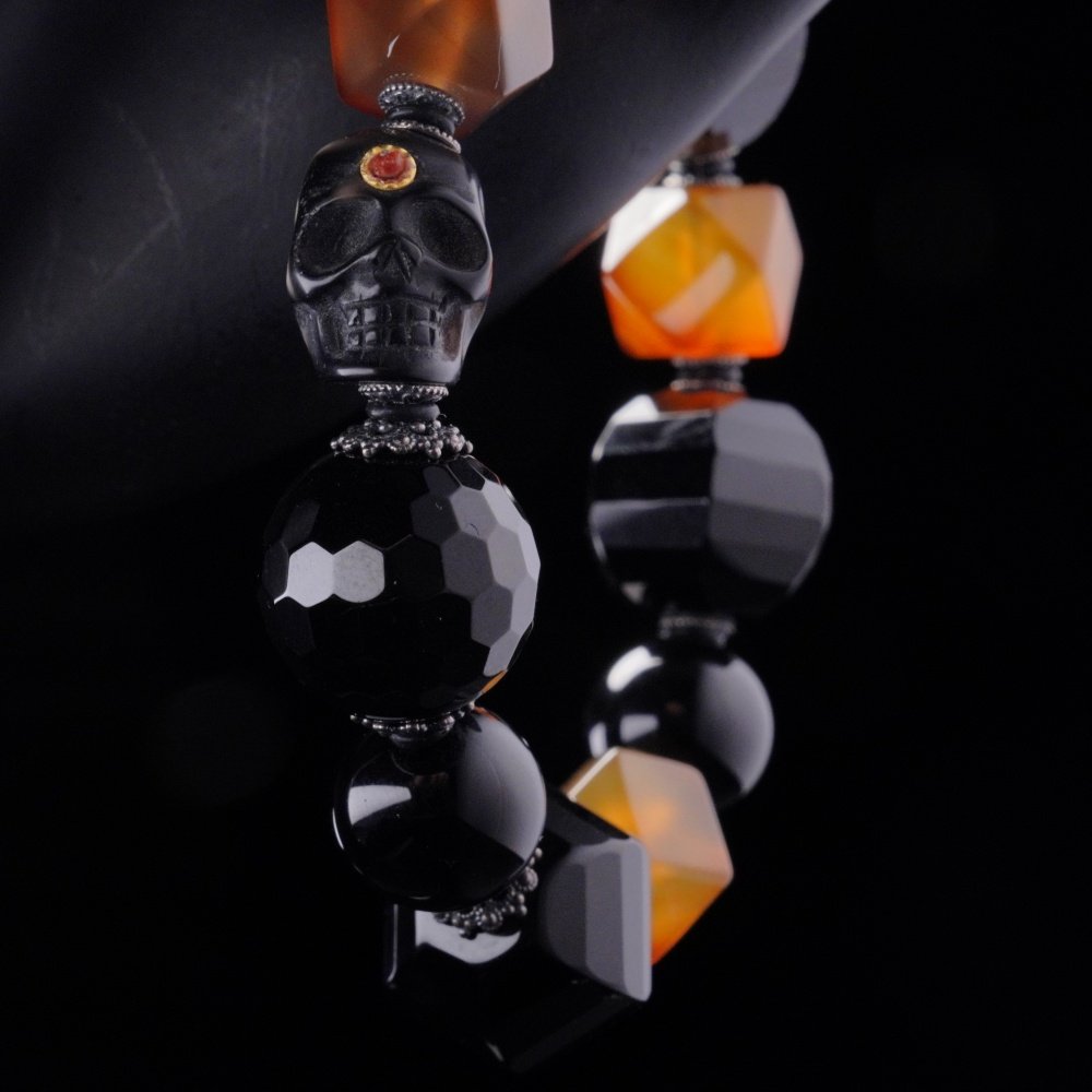 Black & Orange Agate Skull Bracelet – Power, Courage & Transformation