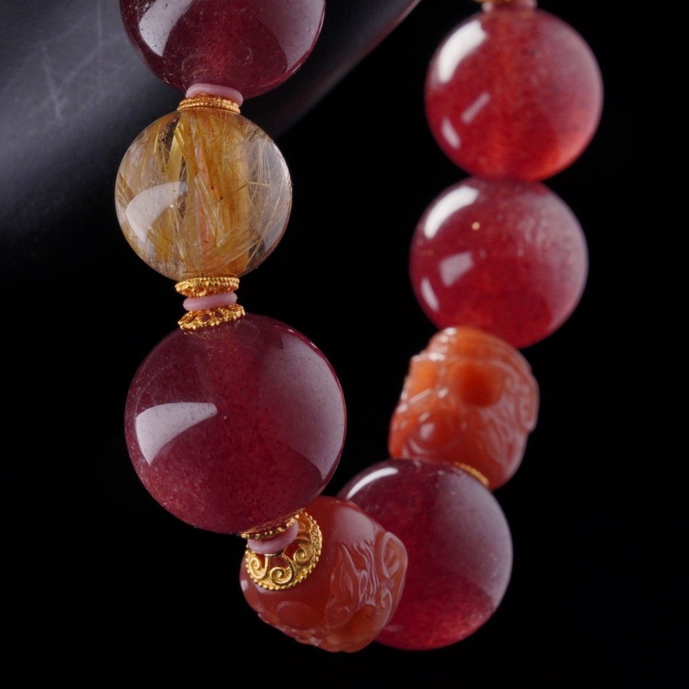 Strawberry Quartz & Golden Rutilated Skull Bracelet – Love, Wealth & Protection