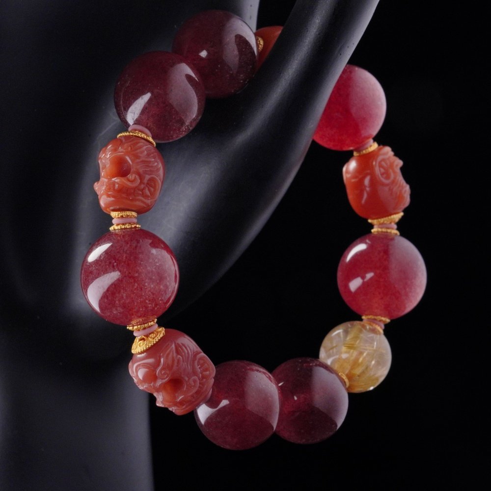 Strawberry Quartz & Golden Rutilated Skull Bracelet – Love, Wealth & Protection