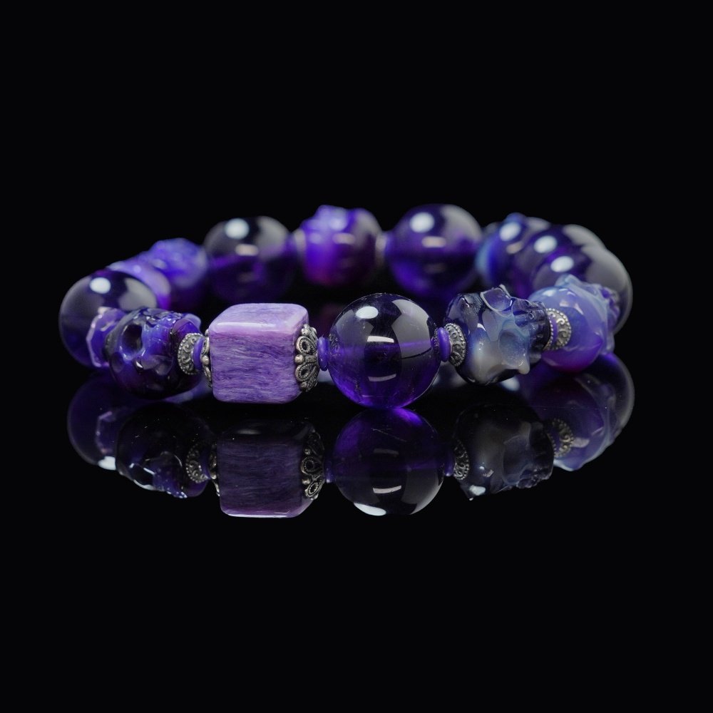 Amethyst & Agate Skull Bracelet – Wisdom, Transformation & Spiritual Protection