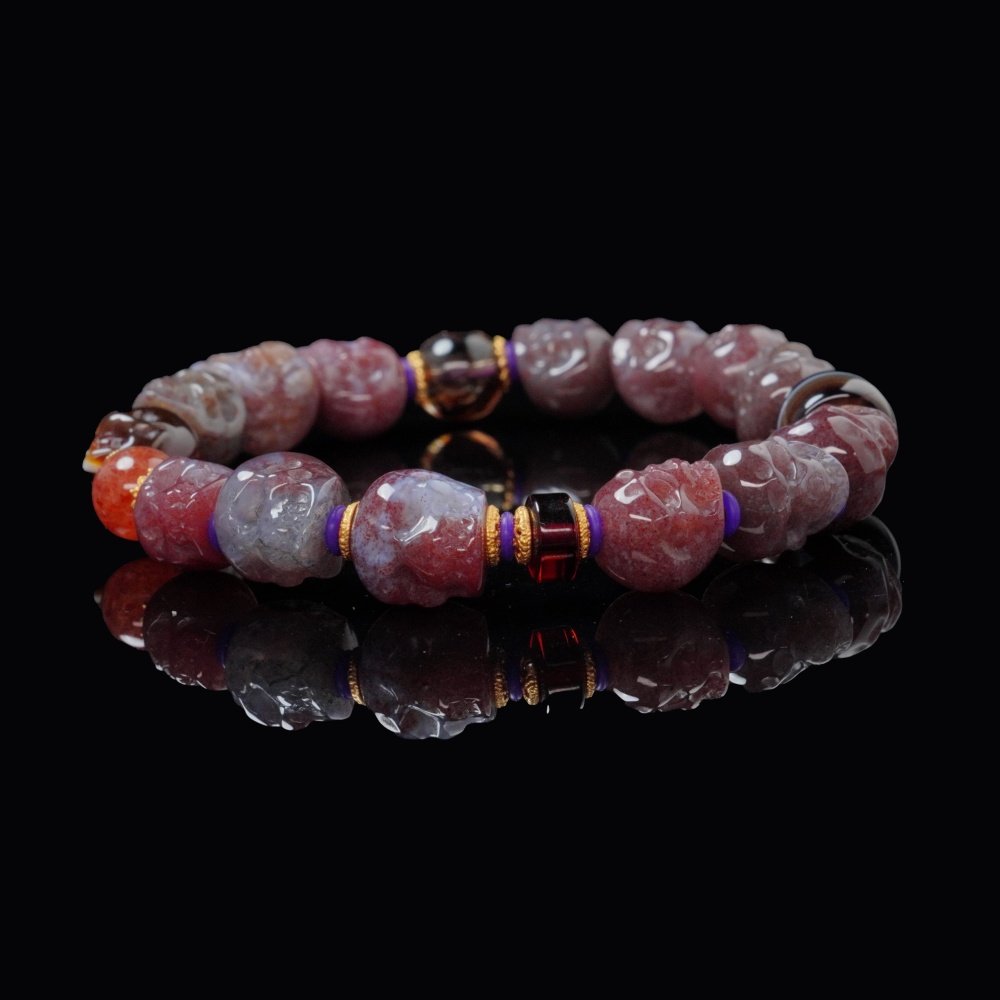 Cinnabar Agate Skull & Golden Sunstone Bracelet – Protection, Vitality & Abundance