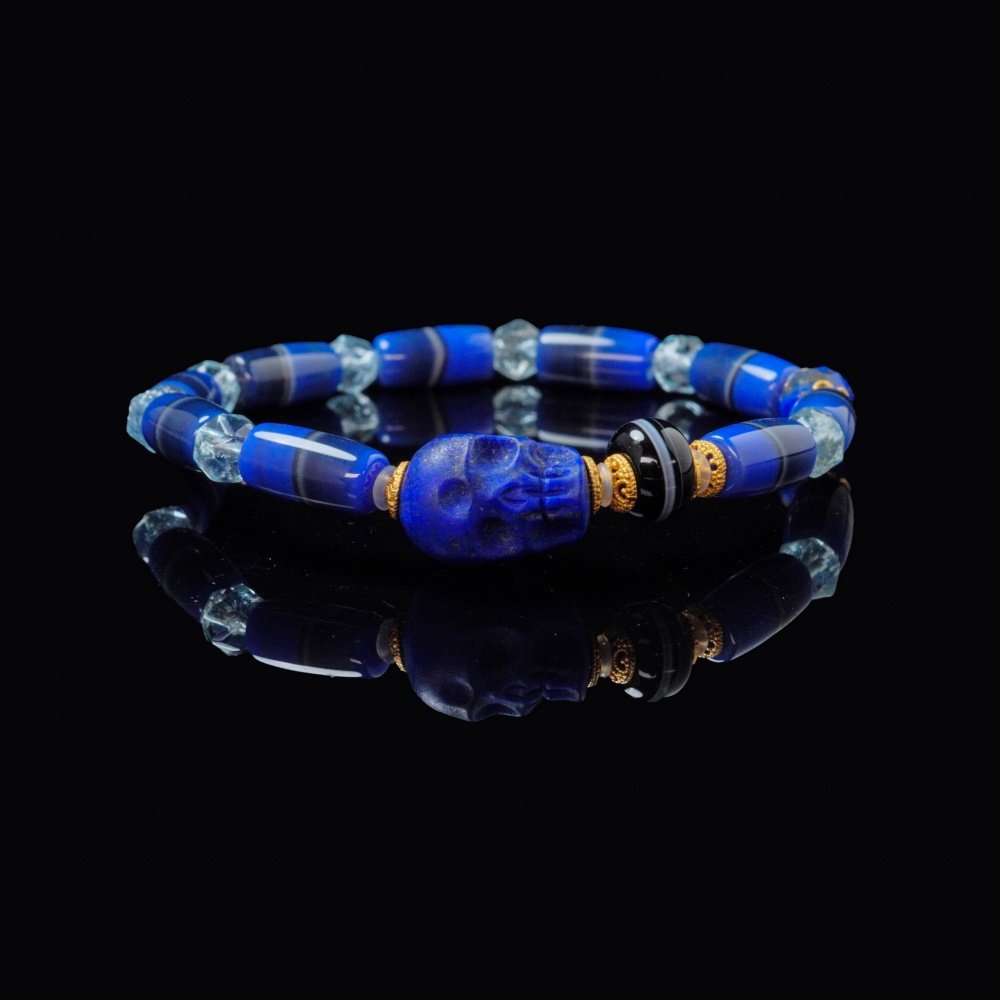 Blue Agate Skull & Crystal Bracelet – Wisdom, Protection & Spiritual Balance