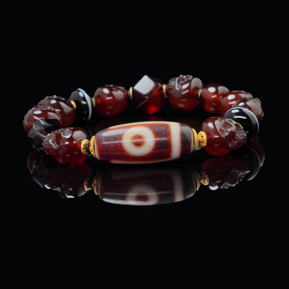 Red Agate Skull & Dzi Bead Bracelet – Protection, Power & Spiritual Awakening