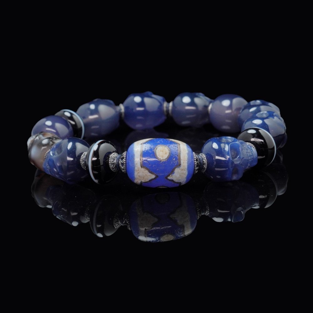 Blue Agate Skull & Dzi Bead Guardian Bracelet – Protection, Balance & Spiritual Power