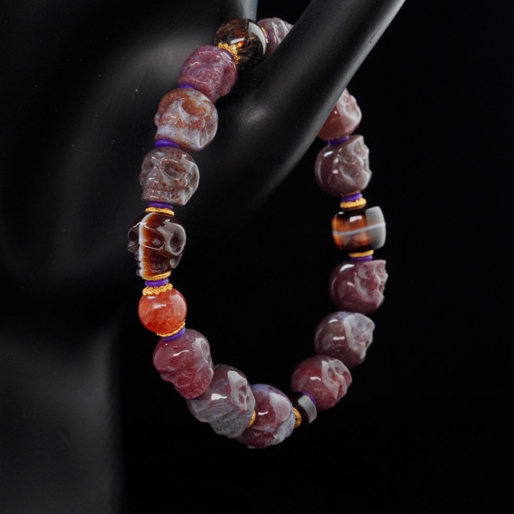 Cinnabar Agate Skull & Golden Sunstone Bracelet – Protection, Vitality & Abundance