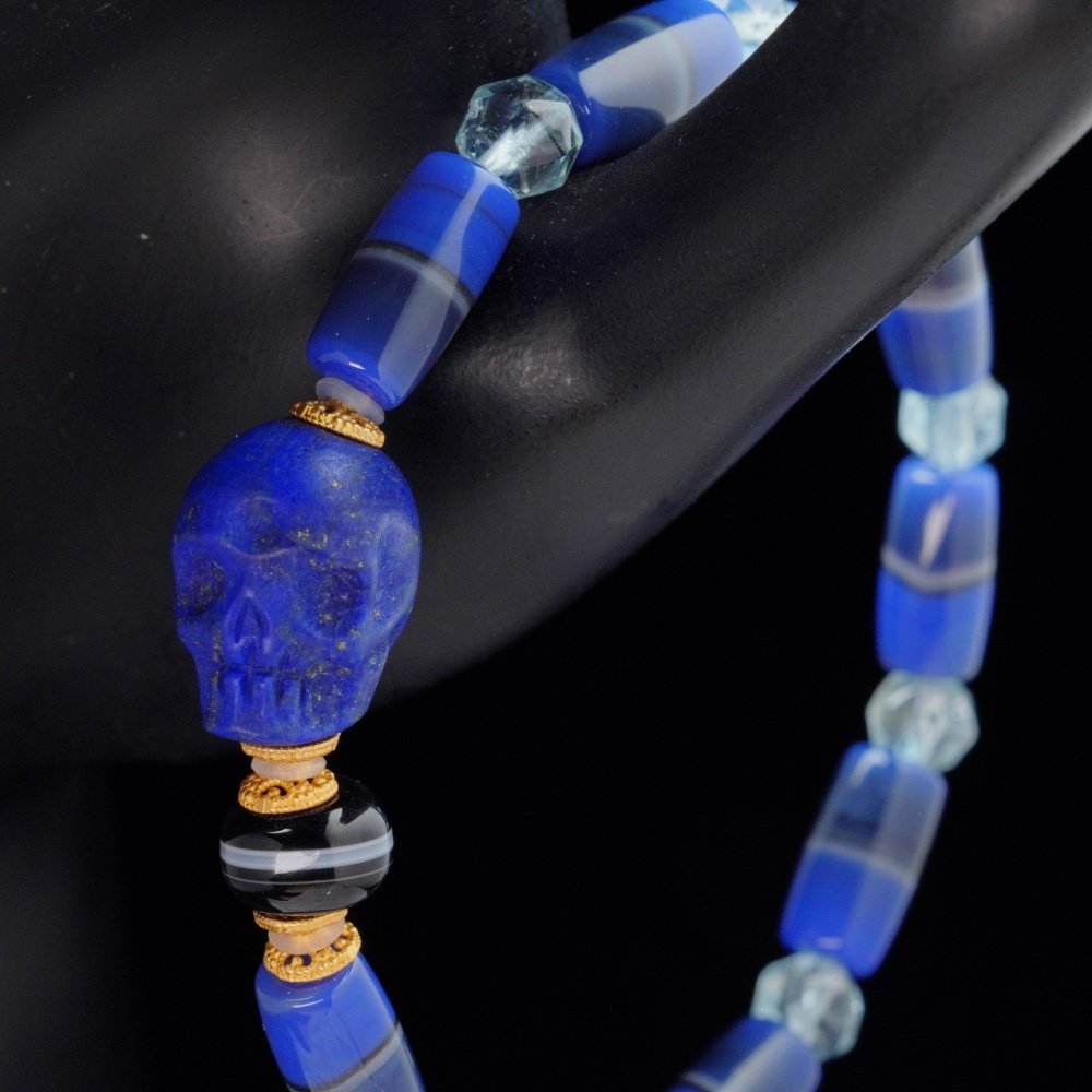 Blue Agate Skull & Crystal Bracelet – Wisdom, Protection & Spiritual Balance