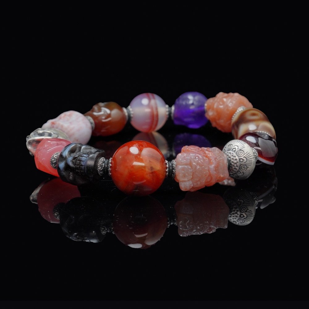 Multi-Gem Skull & Guardian Bracelet – Protection, Courage & Spiritual Balance
