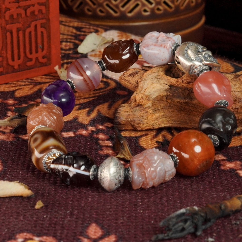 Multi-Gem Skull & Guardian Bracelet – Protection, Courage & Spiritual Balance