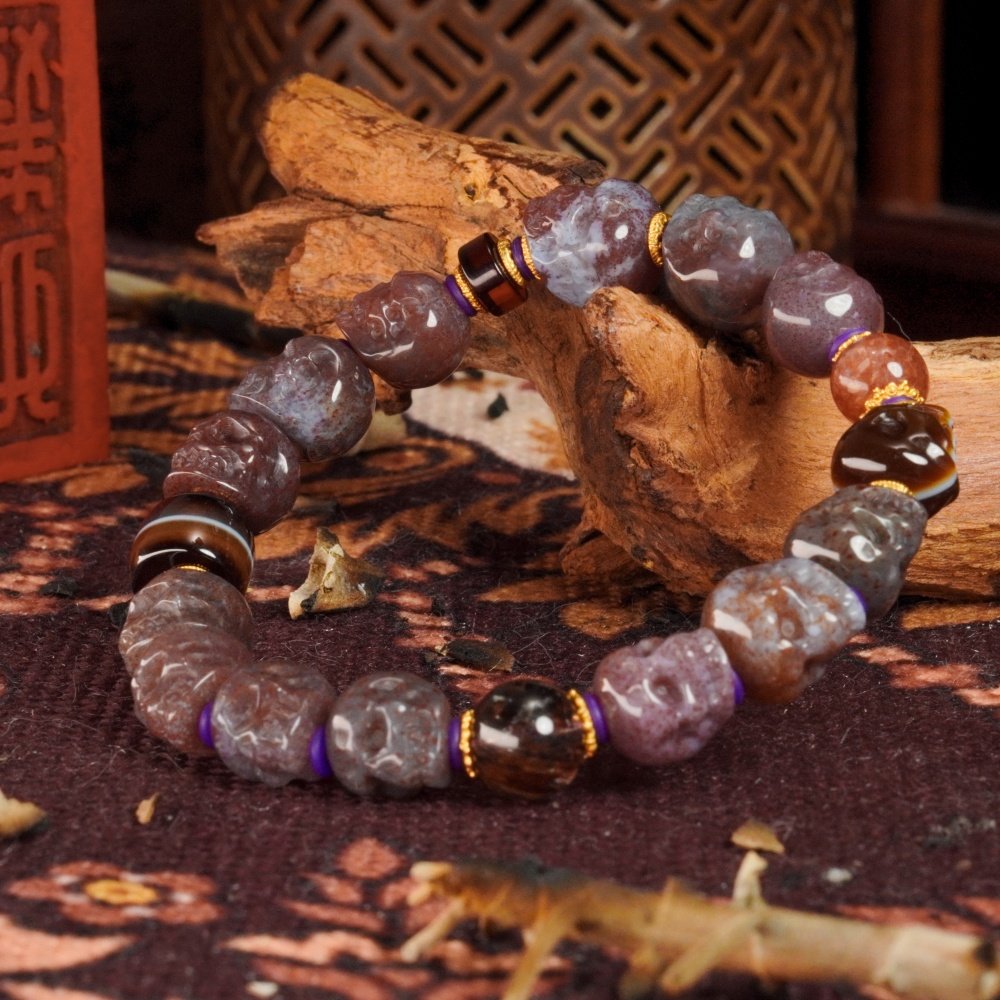 Cinnabar Agate Skull & Golden Sunstone Bracelet – Protection, Vitality & Abundance