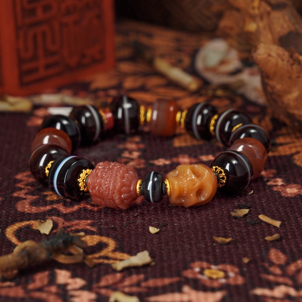 Striped Agate & Skull Totem Bracelet – Balance, Power & Protection