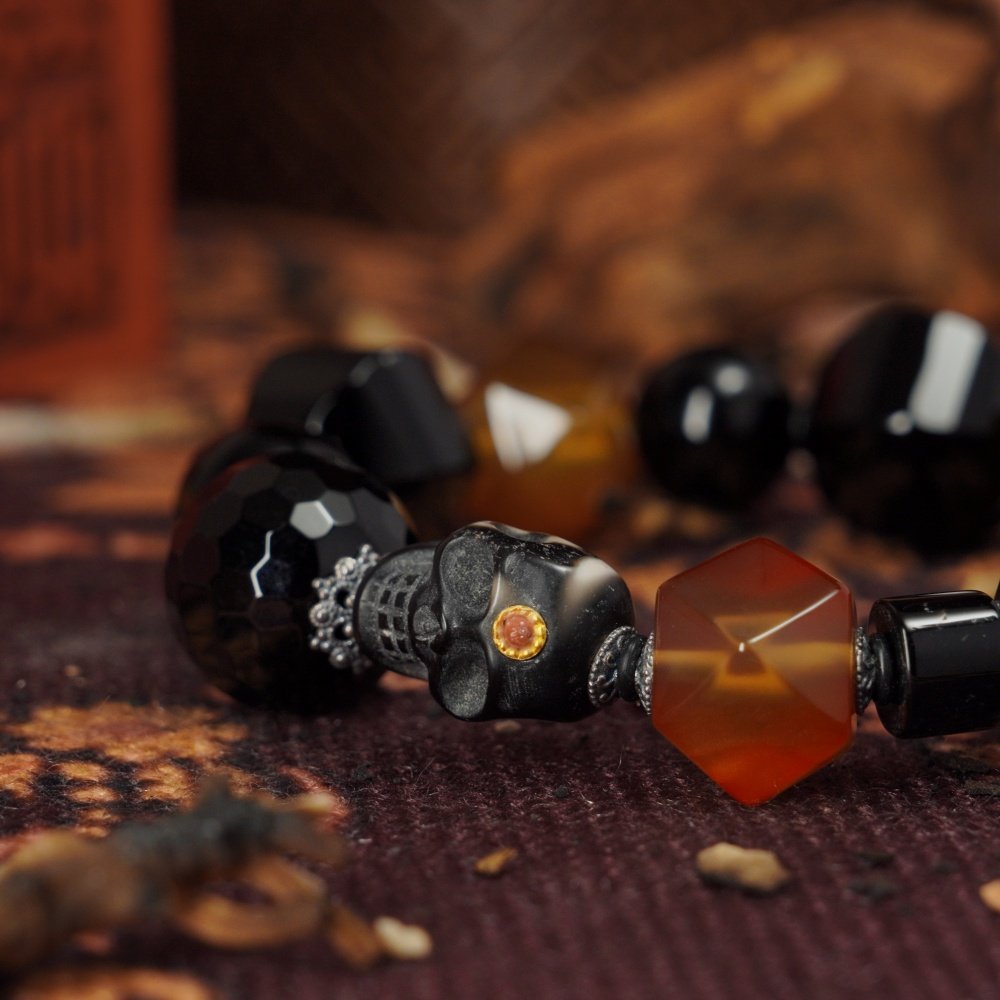 Black & Orange Agate Skull Bracelet – Power, Courage & Transformation