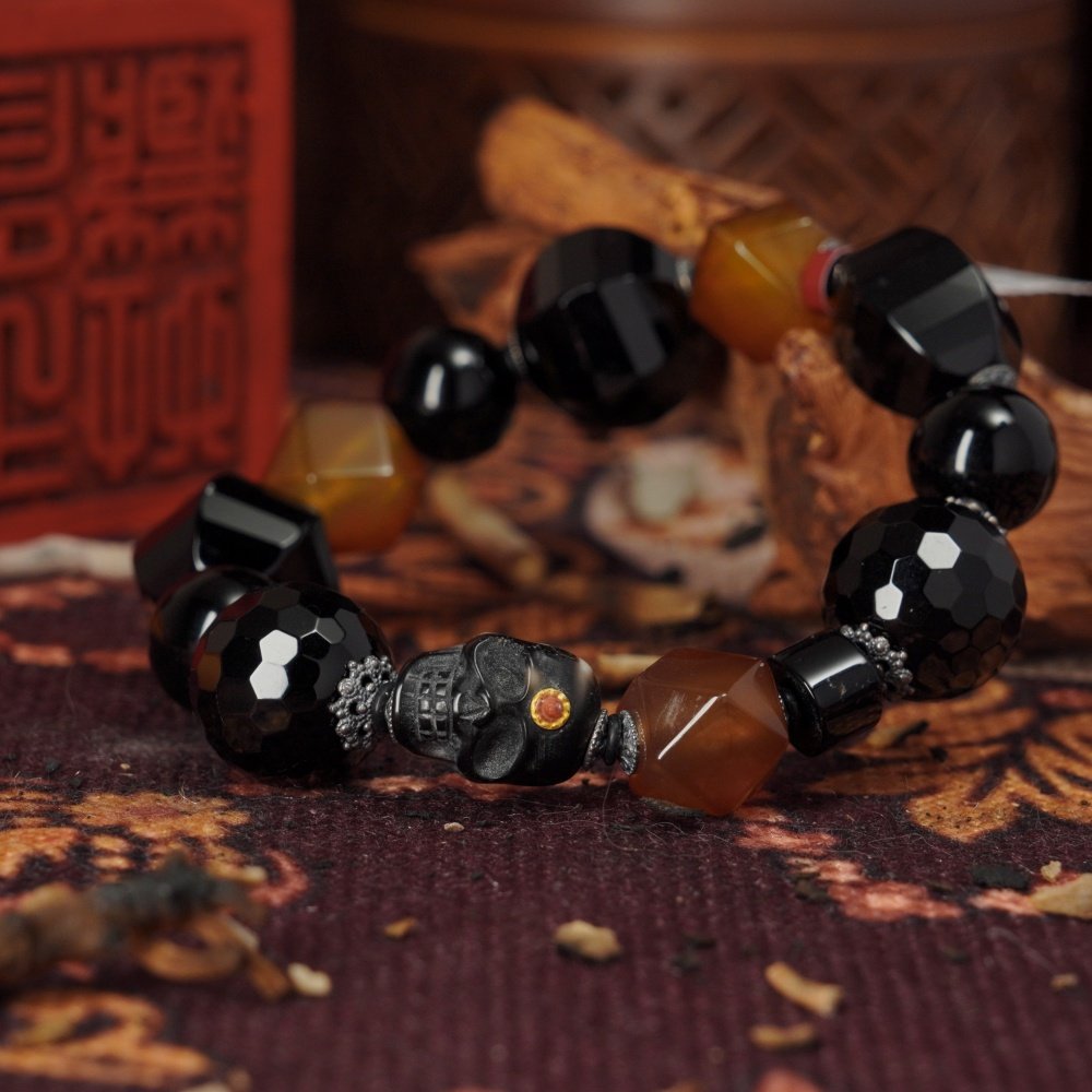 Black & Orange Agate Skull Bracelet – Power, Courage & Transformation