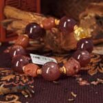 Strawberry Quartz & Golden Rutilated Skull Bracelet – Love, Wealth & Protection