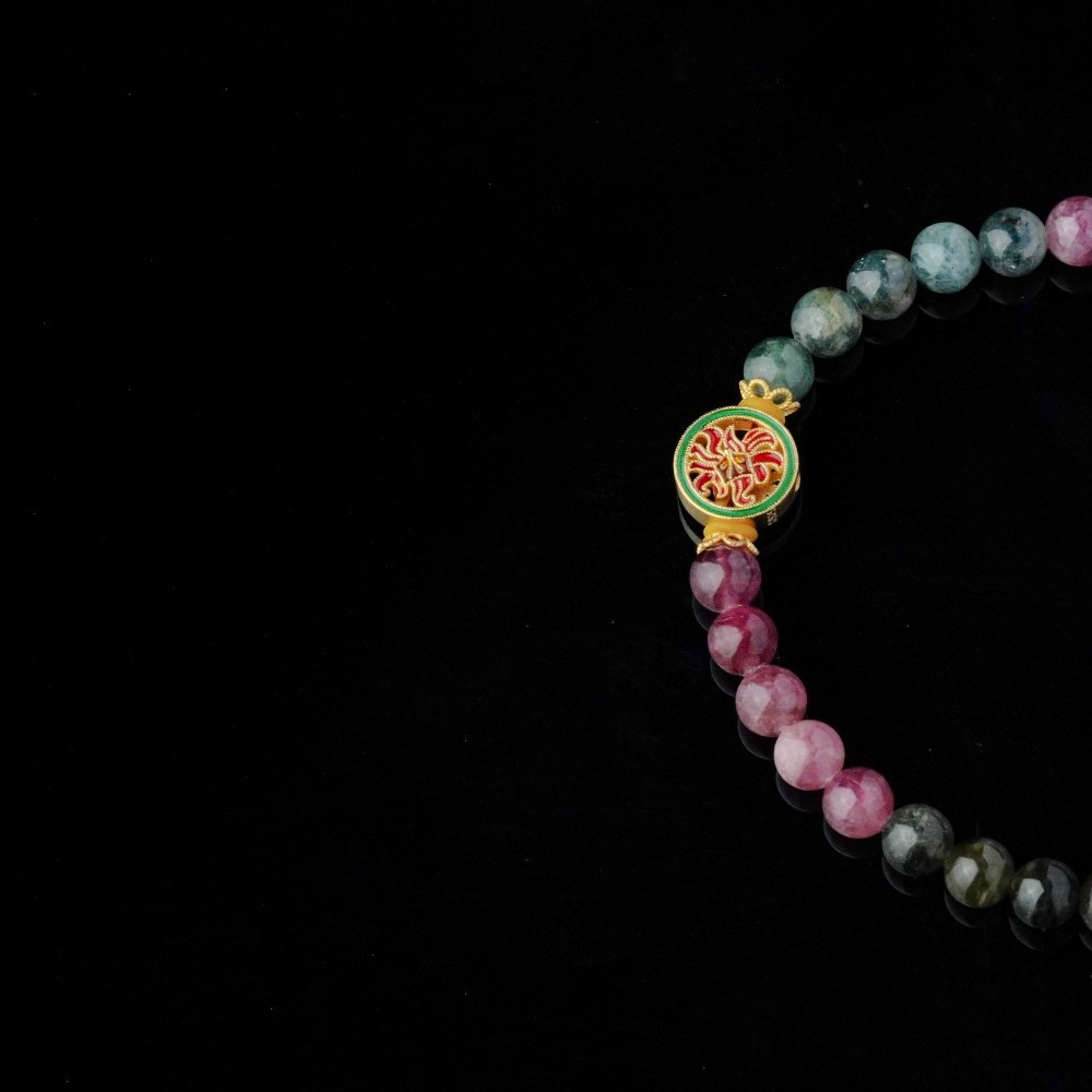 Groxiara | 'Rainbow Aura' Natural Multi-Color Tourmaline Bracelet with Artisan Enamel Brass Charm - 17cm (6.7")