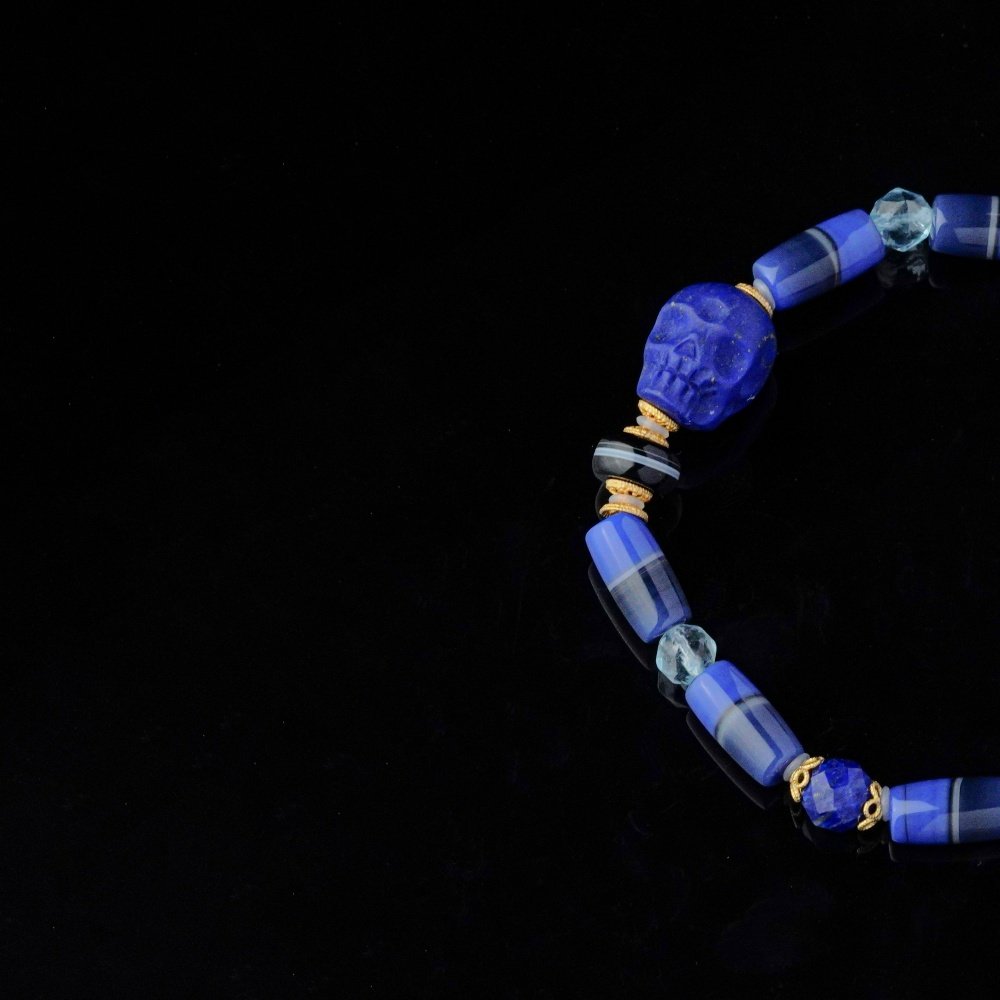 Groxiara | 'The Guardian' Hand-Carved Lapis Lazuli Skull, Aquamarine & Agate Protection Bracelet - 17cm (6.7")