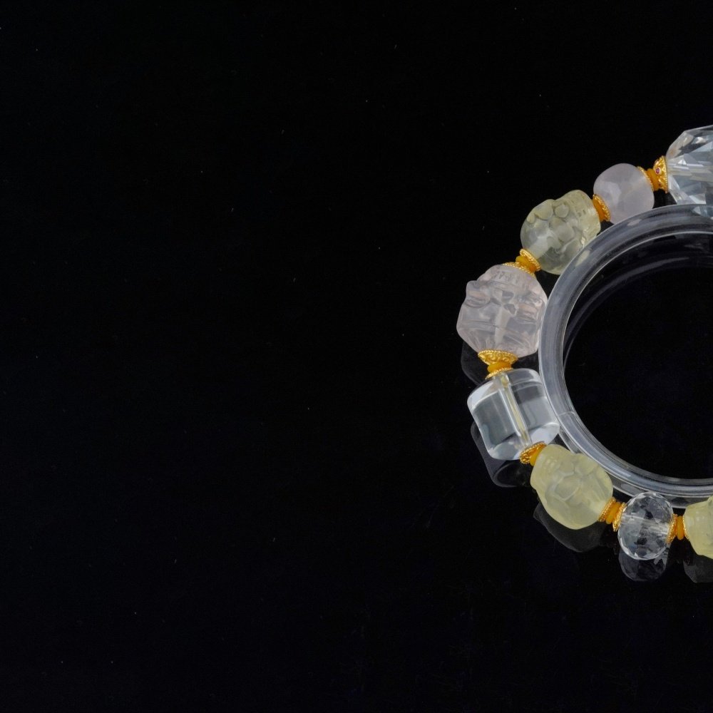 Groxiara | 'The Golden Vision' Hand-Carved Citrine Skull & Golden Rutilated Quartz Bracelet with Clear Quartz Cubes - 17cm (6.7")