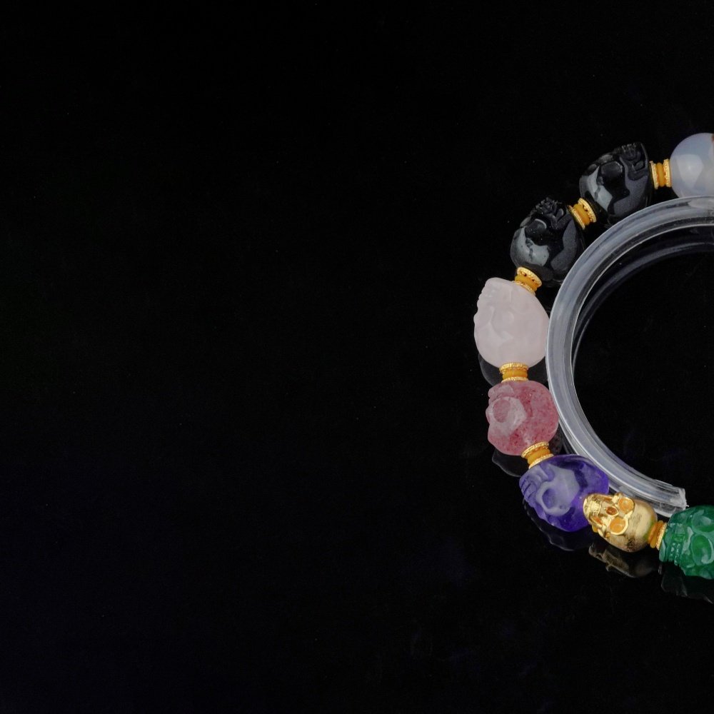 Groxiara | 'The Spectrum Soul' Multi-Gemstone Hand-Carved Skull Bracelet – 18K Gold Vermeil S925 Silver Accents - 17cm (6.7")