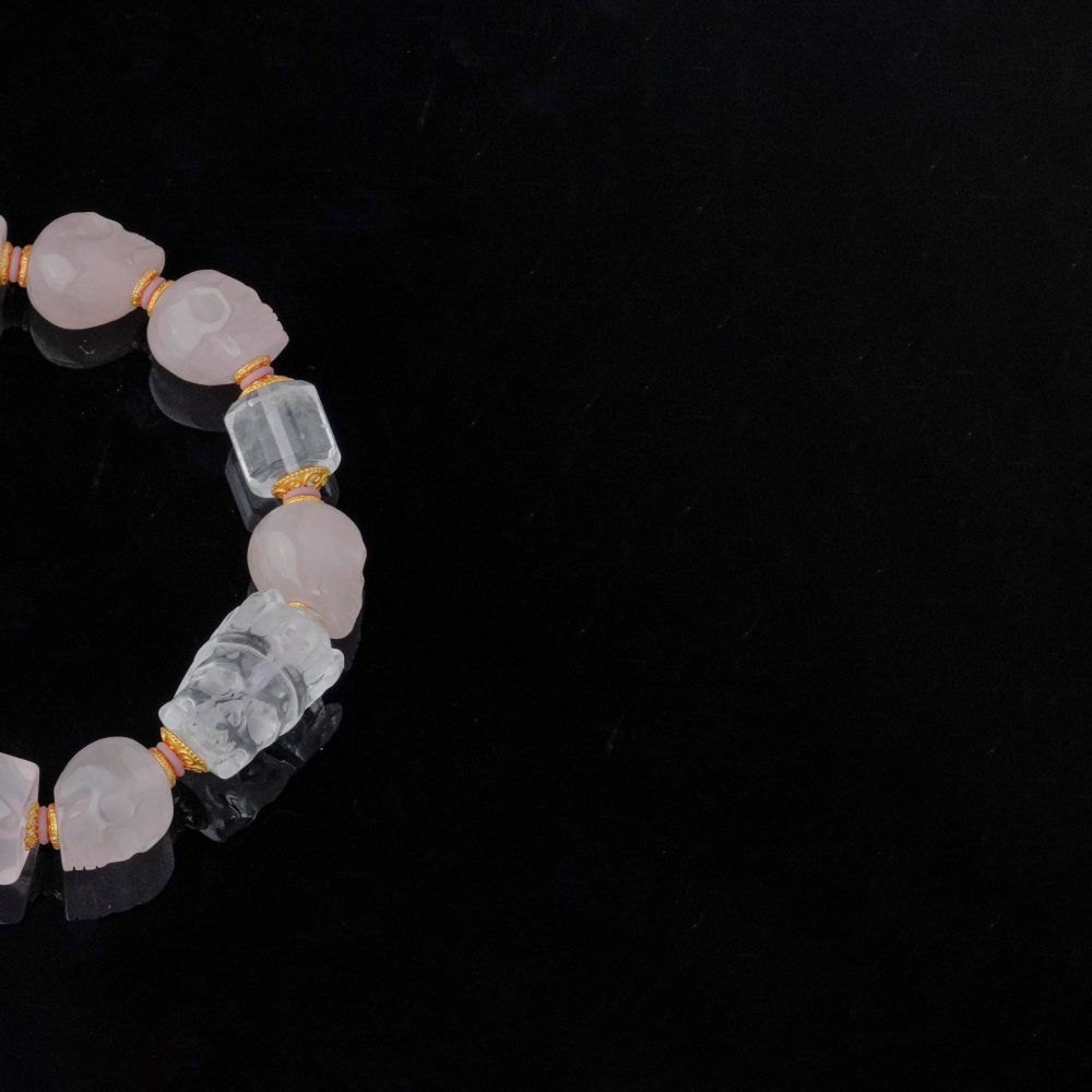 Groxiara | 'Everlasting Love' Hand-Carved Rose Quartz & Clear Quartz Skull Bracelet - Manifesting Soulmate Energy - 17cm (6.7")