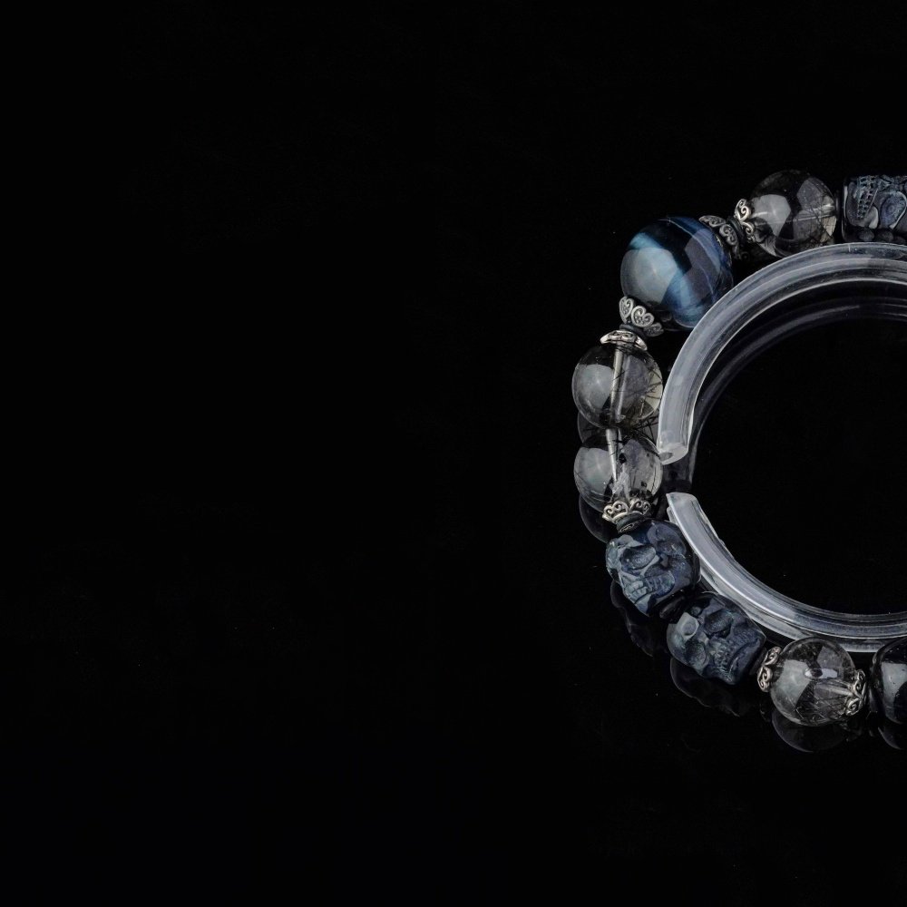 Groxiara | 'Shadow Guardian' Black Rutilated Quartz & Carved Onyx Skull Bracelet – Blue Tiger's Eye Protection - 17cm (6.7")
